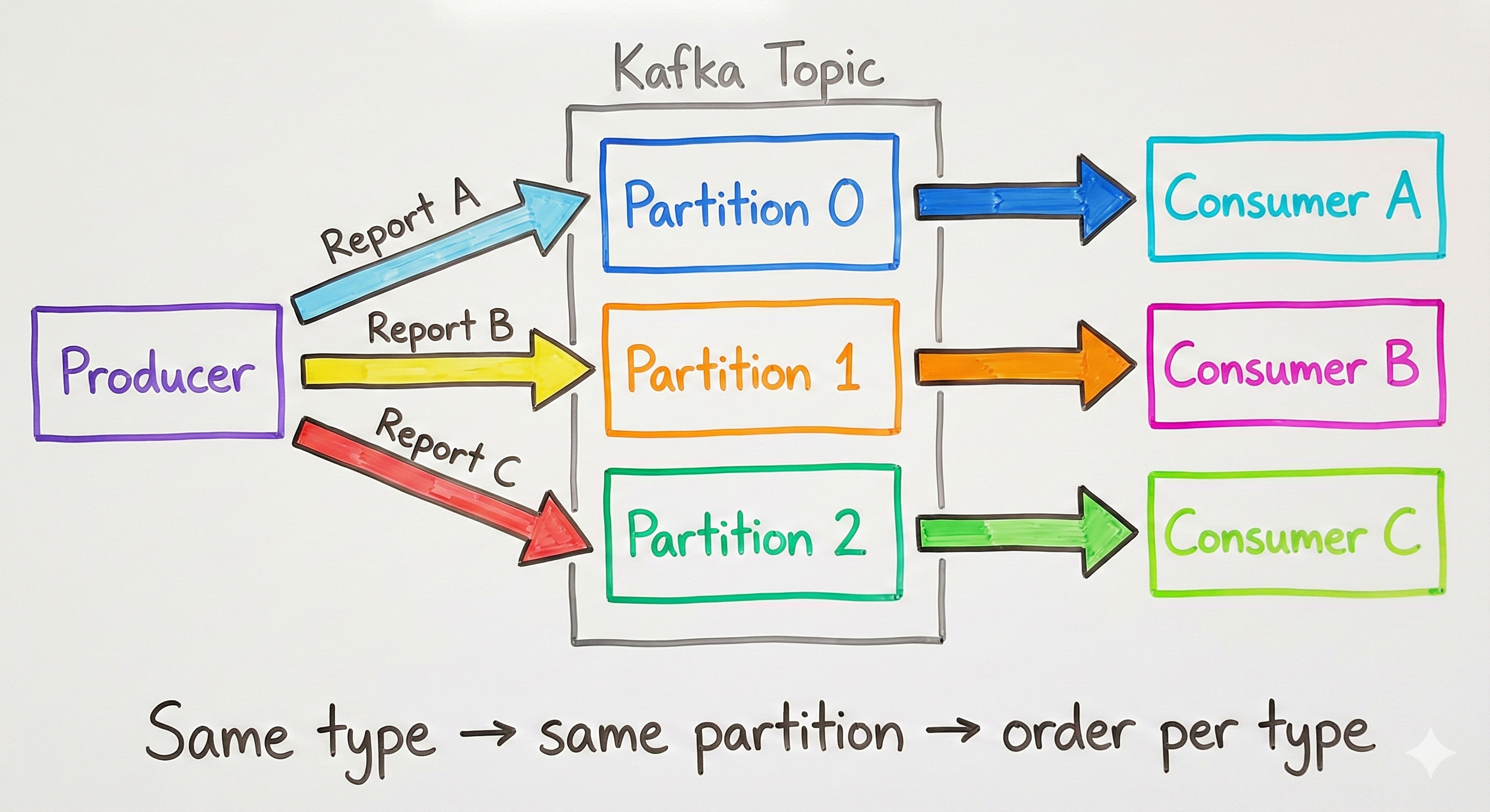 Event-type-to-partition: Report A→P0, Report B→P1, Report C→P2 keeps order per type with parallel consumption