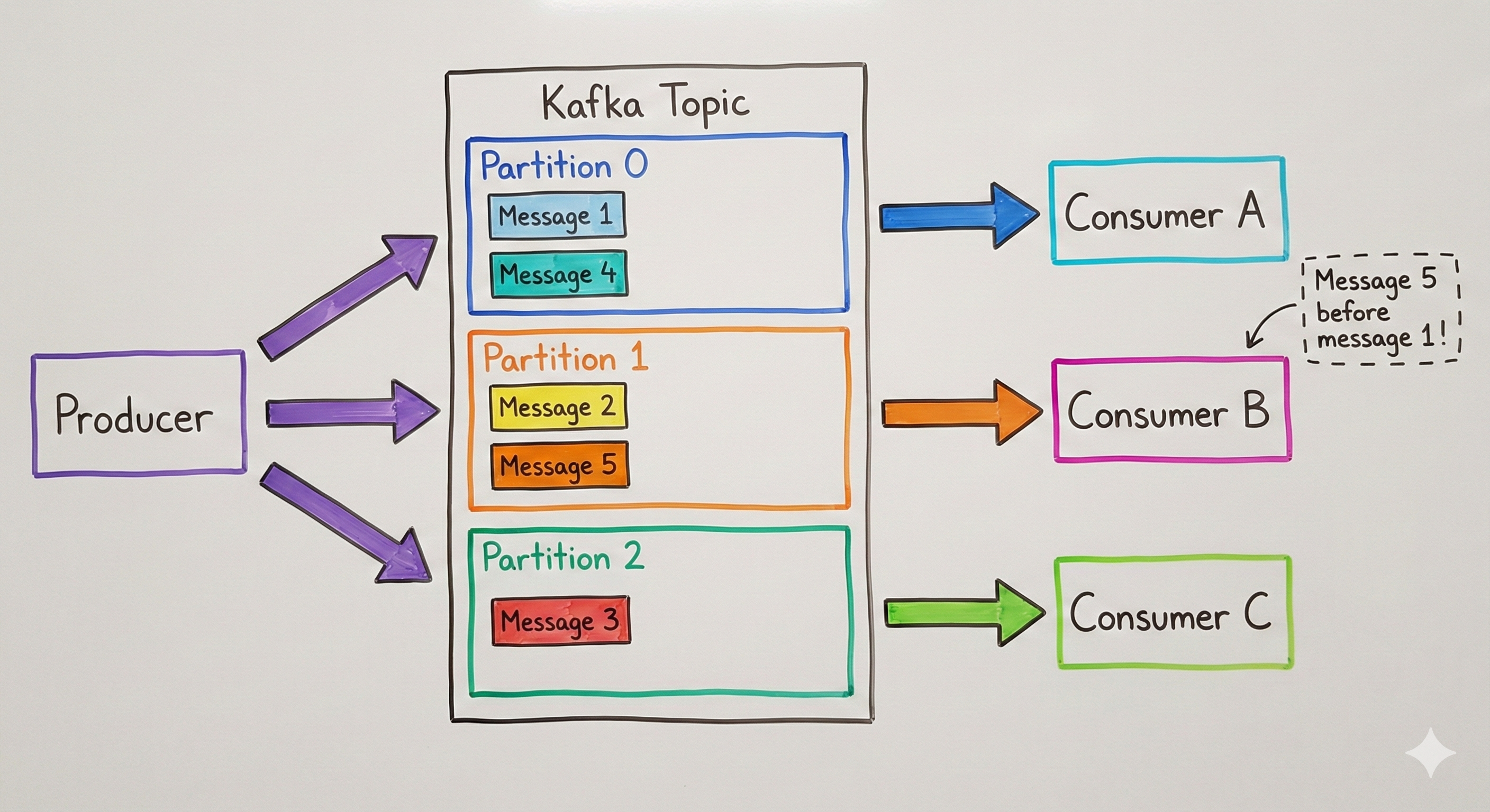 Why message order is lost across partitions; order is preserved only within each partition