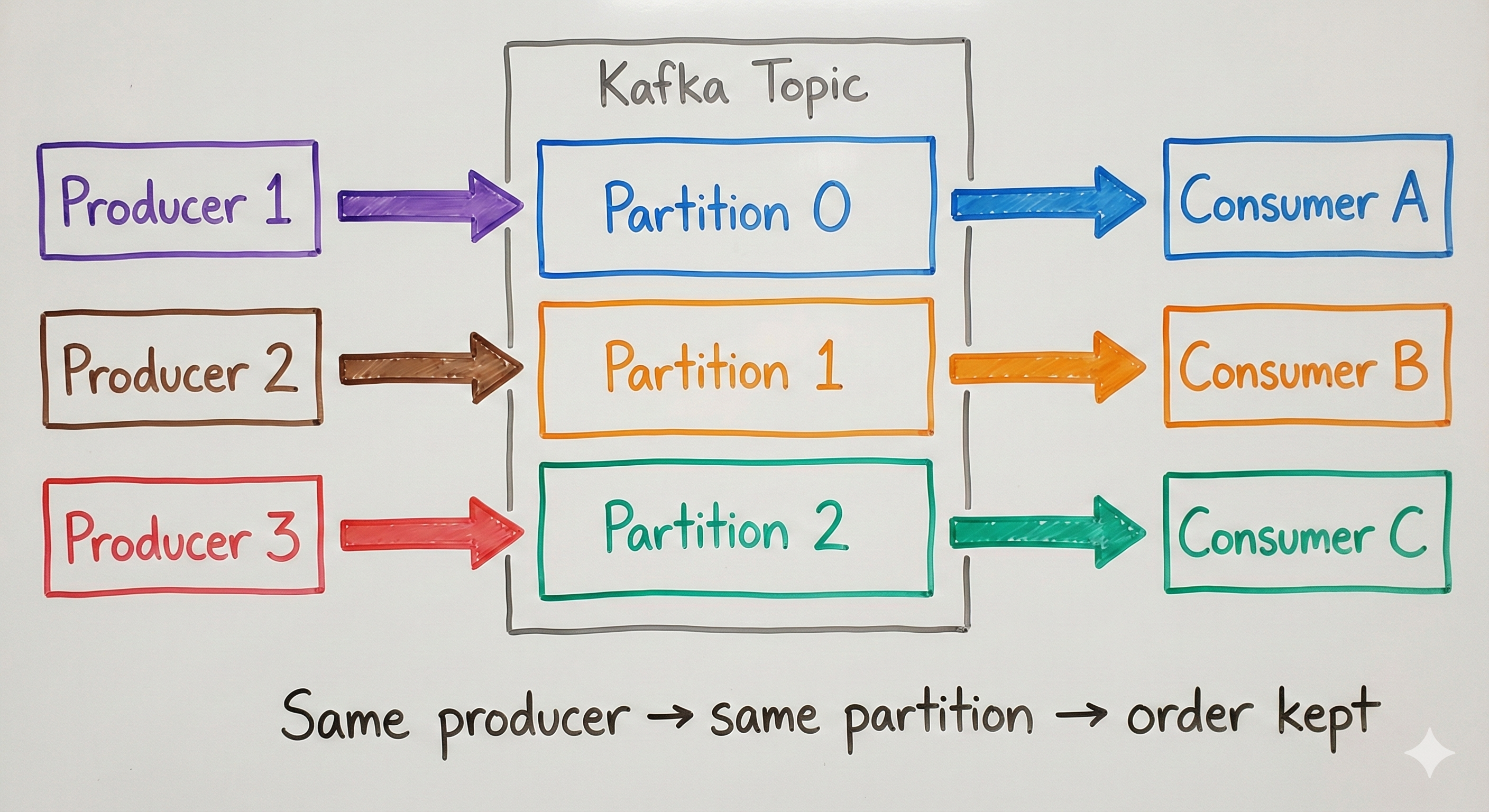 Producer-per-partition: each producer sends to a dedicated partition for per-producer ordering
